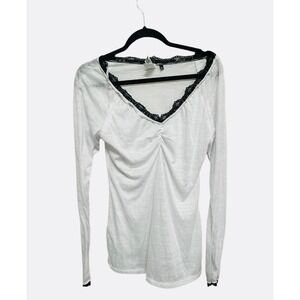 BKE Vintage Lace Trimmed Sheer VNeck Long Sleeve Black and White Y2K Grunge XL